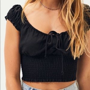 kendall and kylie linen smocked keyhole crop top